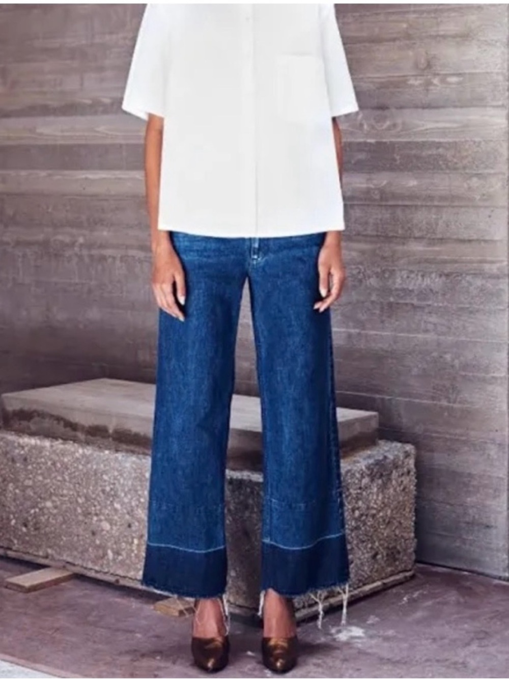 Rachel Comey Two-Tone Wide-Leg Raw Hem Jeans in Indigo